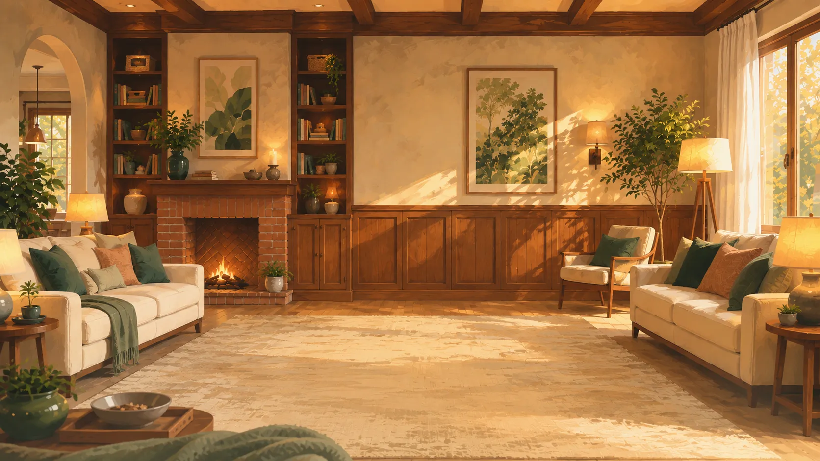 A warm illustrated living room with a fireplace, bookshelves, and soft evening light